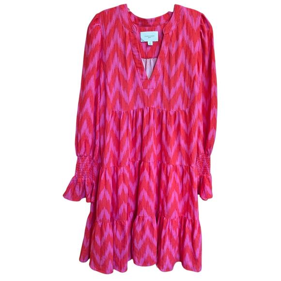 Tuckernuck Pomander Place Ikat Tiered Dress Pink & Red Long Sleeve Ruffle Hem - Picture 4 of 7